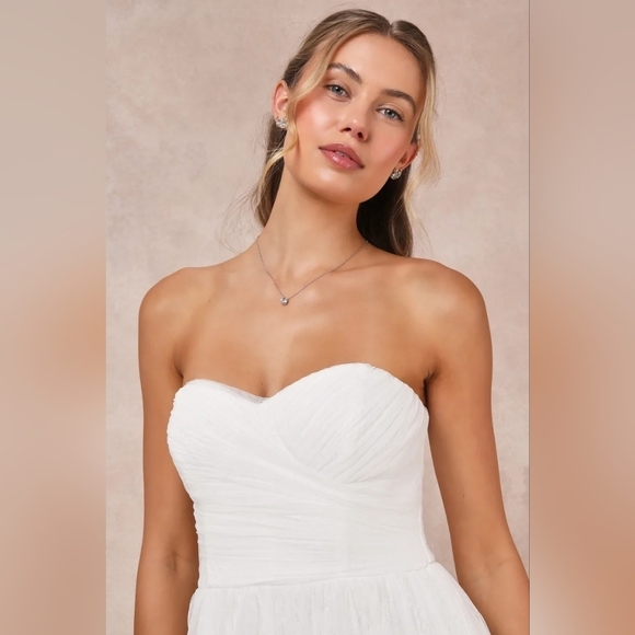Lulus Blissful Forever White Tulle Lace Strapless Pleated Maxi Dress S Wedding - Picture 4 of 11
